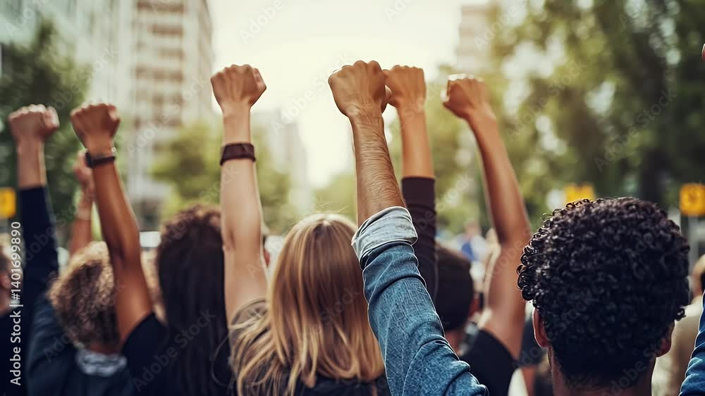 Group Of People With Raised Fists Demonstrate In Sunlight During Protest Action With Building Background Group Of People With Raised Fists Demonstrate In Sunlight During Protest Action With Building Background