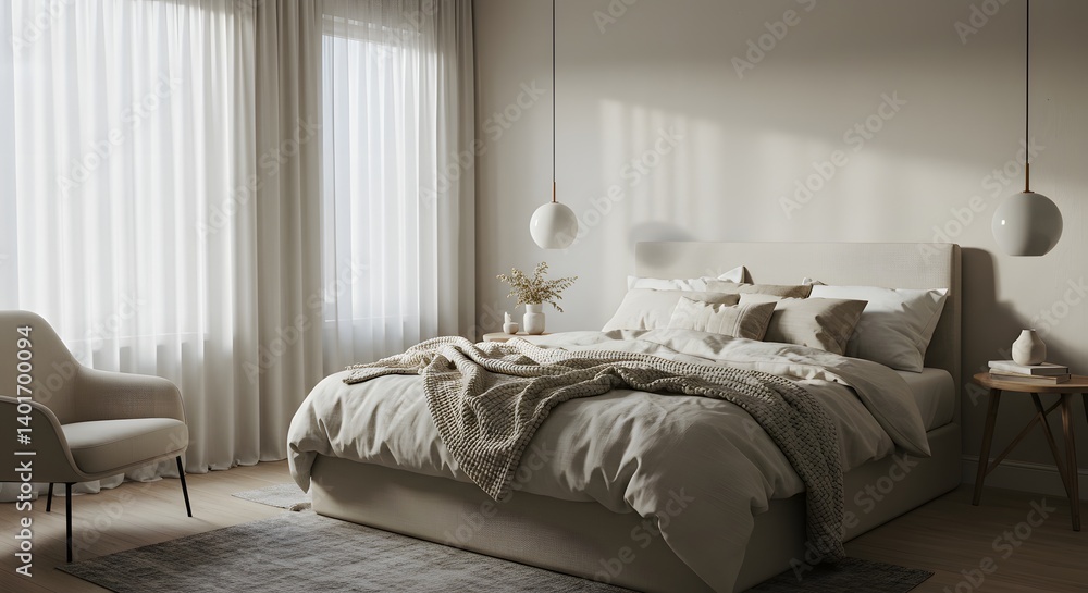 Obraz premium Serene Beige Bedroom Interior Design Minimalist Comfort and Modern Elegance