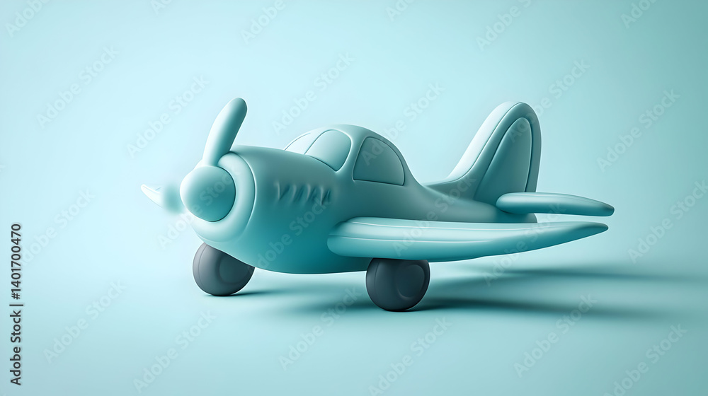 Obraz premium Light Blue Toy Airplane with Gray Wheels in Simple Studio Setting Classic Aerodynamic Design and Retro Transport Theme