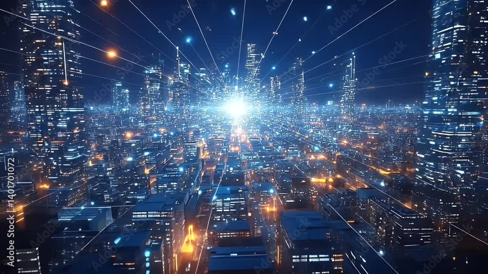 Futuristic Cityscape at Night with Glowing Lights and Dynamic Network Connections Futuristic Cityscape at Night with Glowing Lights and Dynamic Network Connections