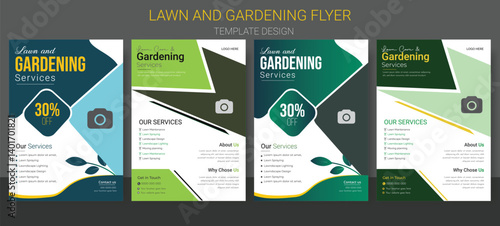 Flyer design template for lawn and gardening services .Freshly rolled artificial grass placed on lush green lawn. Lawn and Garden Care Flyer Design for your garden care,
