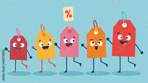 Price Tag Parade A whimsical parade of animated price tags marching down the street each tag displaying goofy expressions and quirky sayings.