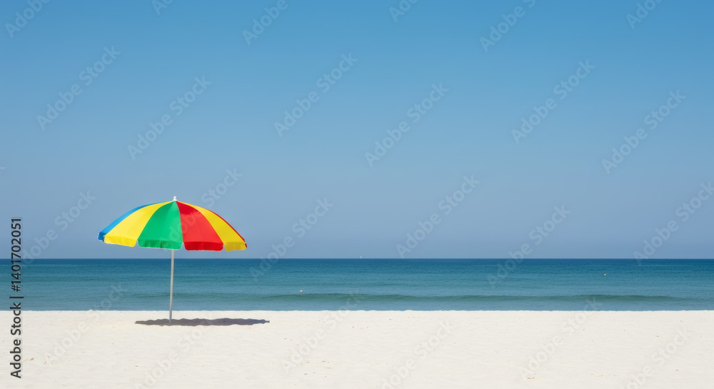 A colorful beach umbrella stands alone on pristine white sand, overlooking the deep blue ocean under a cloudless summer sky. A colorful beach umbrella stands alone on pristine white sand, overlooking the deep blue ocean under a cloudless summer sky.