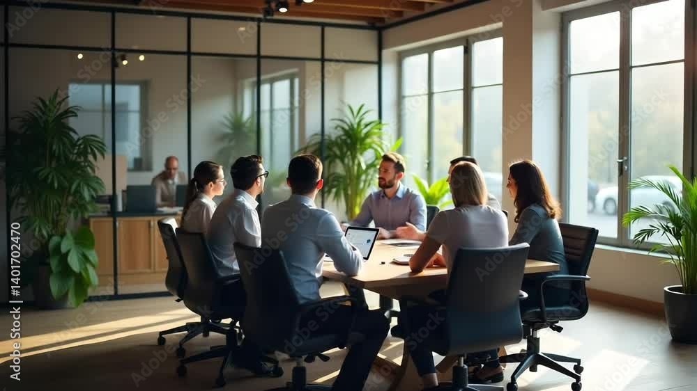 Group of people sitting around a table in a modern office meeting with plants and large windows Group of people sitting around a table in a modern office meeting with plants and large windows