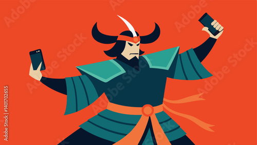 Samurai in Action A dynamic illustration of a samurai in full armor striking a powerful pose but instead of drawing his sword he holds a smartphone aloft as if capturing a moment.