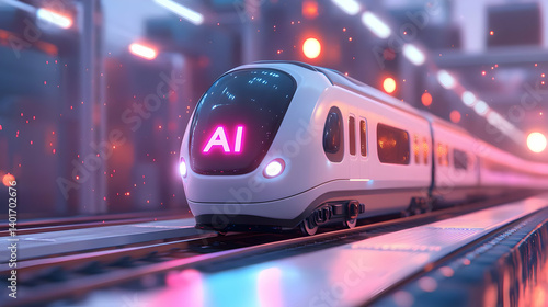 Modern Ai Train Displaying Illuminated Text on the Front Moving on Rails in a Dimly Lit Subway Station with Blurred Motion