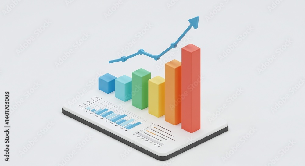 3D bar chart illustration with vibrant colors, modern isometric design, clean white background, futuristic infographic style, business analytics concept, high detail, perfect for presentations and rep 3D bar chart illustration with vibrant colors, modern isometric design, clean white background, futuristic infographic style, business analytics concept, high detail, perfect for presentations and rep