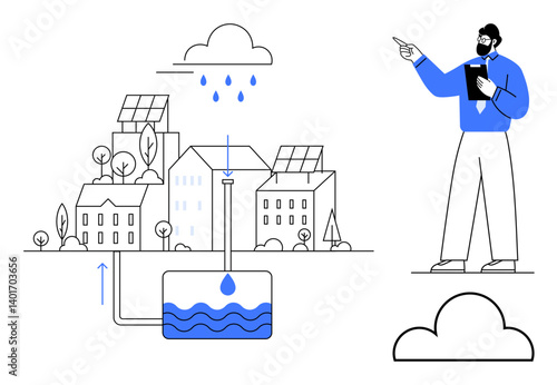 Solar-paneled homes, urban water harvesting process, raindrop collection pipe system, tank storage, and expert instructing. Ideal for sustainability, urban planning, eco-living, green energy smart