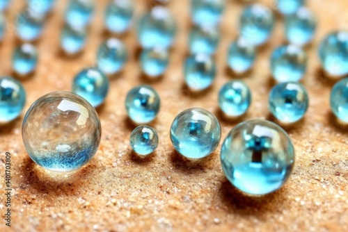 Obraz na płótnie A close-up view of several blue glass balls arranged on a table surface. w salonie