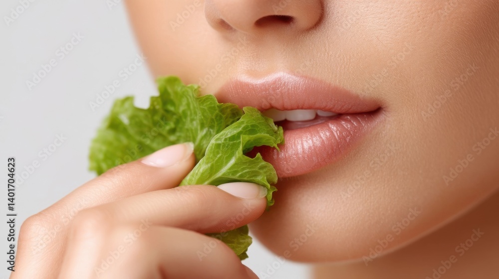 Close-up of woman eating lettuce, showcasing healthy lifestyle and glowing skin. Close-up of woman eating lettuce, showcasing healthy lifestyle and glowing skin.