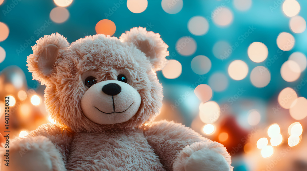 Cream Teddy Bear with Festive Lights Bokeh Background Cream Teddy Bear with Festive Lights Bokeh Background