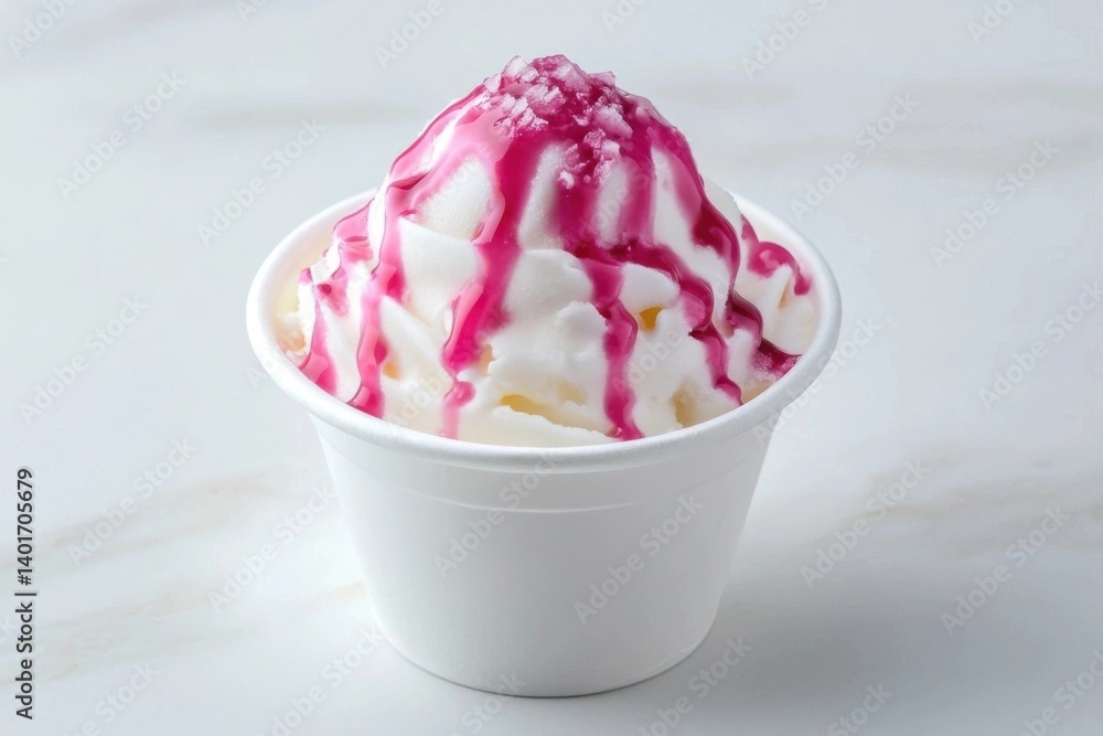 White ice cream in a cup, topped with pink berry sauce and sprinkles, served on a marble table. White ice cream in a cup, topped with pink berry sauce and sprinkles, served on a marble table.