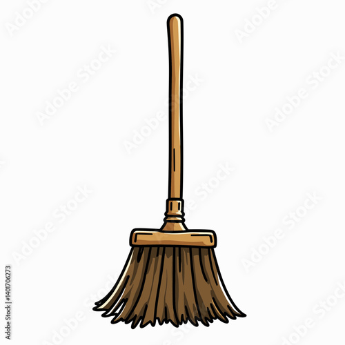 cartoon broom with wooden handle and blue bristles