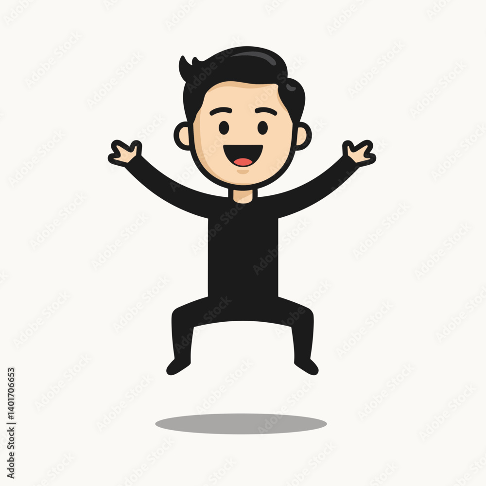 happy man jumping in black shirt with arms raised cartoon illustration happy man jumping in black shirt with arms raised cartoon illustration