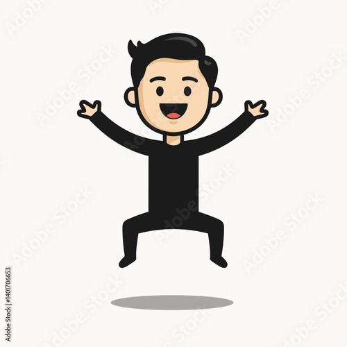 happy man jumping in black shirt with arms raised  cartoon illustration