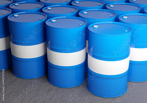 Group of blue metal barrels...