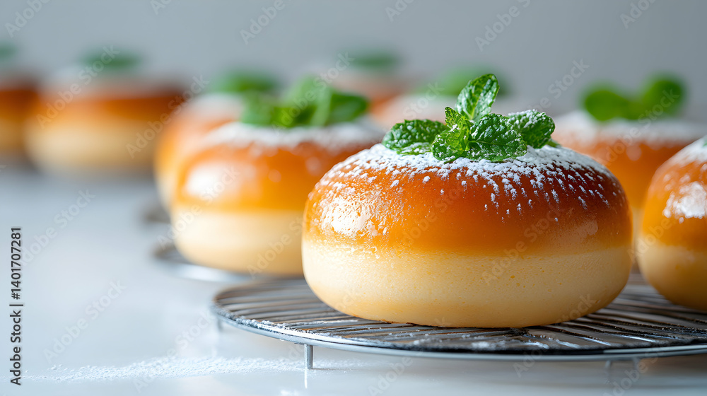 Close-up of Golden Brown Cakes with Mint and Powdered Sugar Close-up of Golden Brown Cakes with Mint and Powdered Sugar