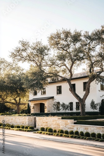 An exquisite modern residence, nestled amidst beautifully landscaped greenery, basks in the sunlight of a serene afternoon in a tranquil neighborhood