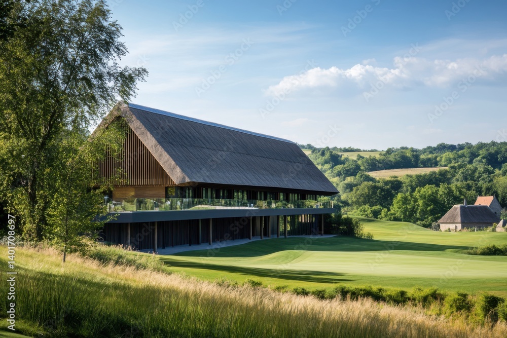 Modern architecture blends with nature at a contemporary building set on a lush green golf course during a bright sunny day with blue skies Modern architecture blends with nature at a contemporary building set on a lush green golf course during a bright sunny day with blue skies