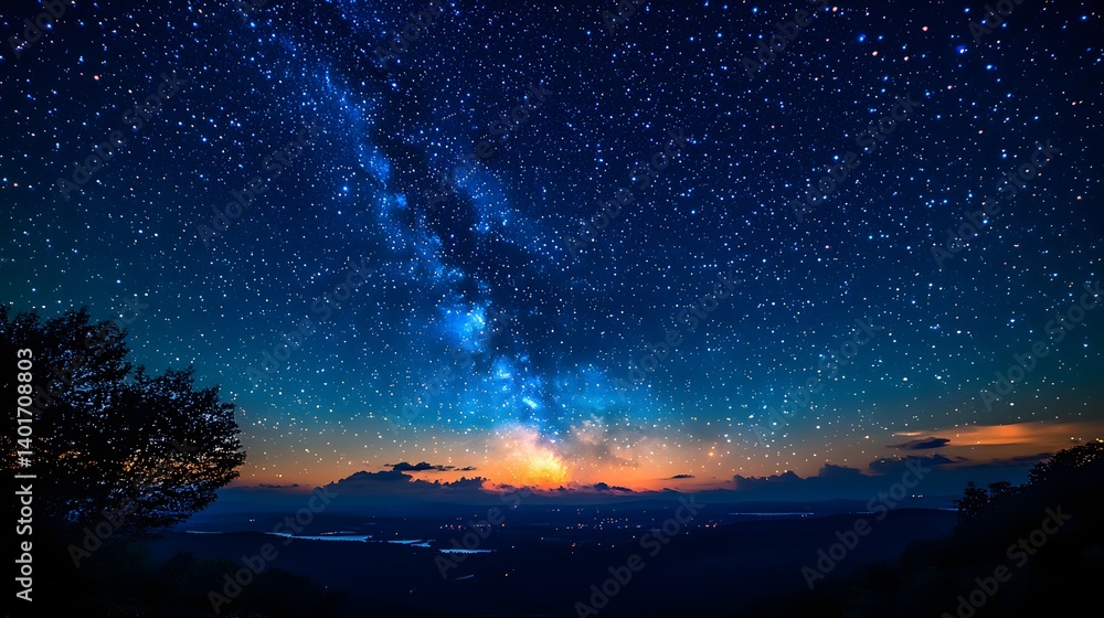 Fototapeta premium starry sky with a bright orange glow and a tree in the foregroun