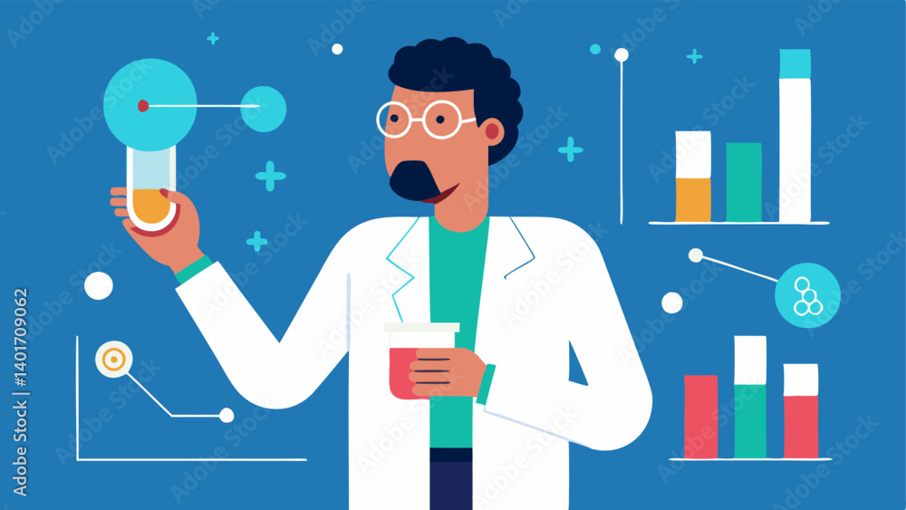 Research Innovation An image of a scientist in the lab holding a test tube labeled Stem Cells with digital graphs and data projections in the background emphasizing research and