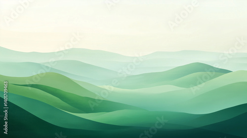 landscape with mountains, Green Landscape Layers, Minimalist Nature Art, Abstract Hills, Soft Gradients, Tranquil Scenery, Pastel Background