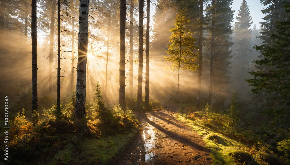 Fototapeta premium Tyndall Effect Sunbeams in Misty Forest at Dawn.