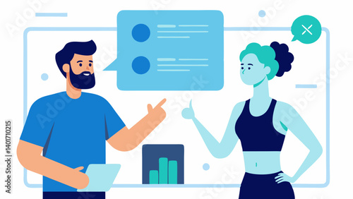 Trainer and Client with Data Screen A personal trainer pointing at a digital screen displaying genetic information while discussing fitness strategies with a client.