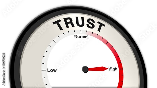 Trust text or word displayed with a barometer or tachometer-style gauge showing levels from low to normal to high, symbolizing the importance of trust in relationships and organizational success