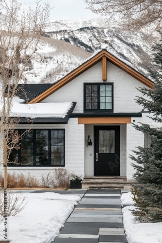 A contemporary mountain house stands majestically amidst a blanket of snow, showcasing its striking design against a backdrop of a tranquil winter landscape