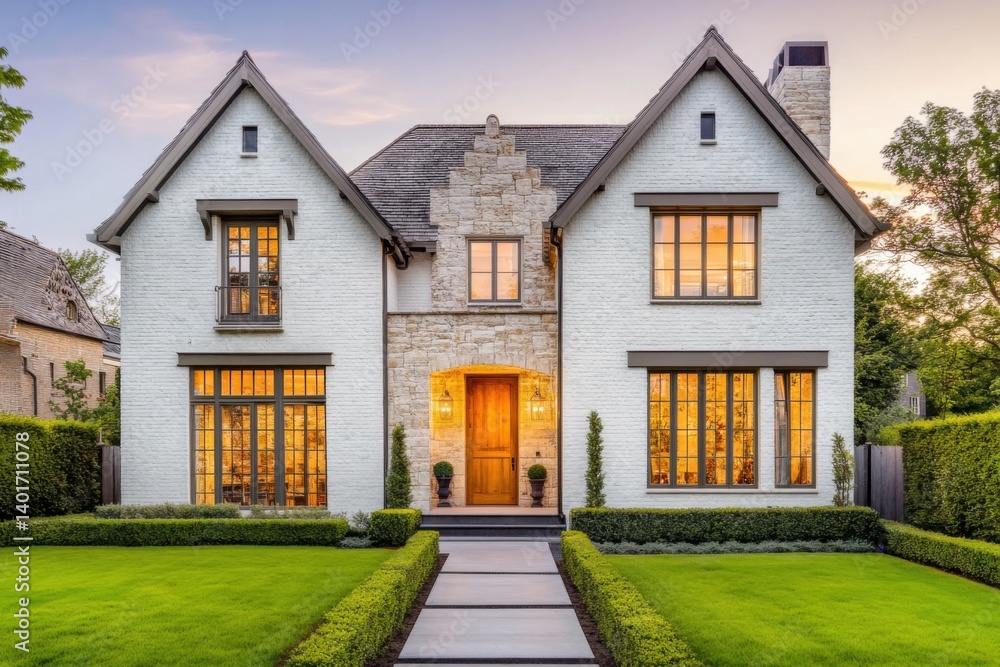 Beautiful modern house with elegant landscaping in the early evening light showcasing warm glow from windows and manicured garden Beautiful modern house with elegant landscaping in the early evening light showcasing warm glow from windows and manicured garden