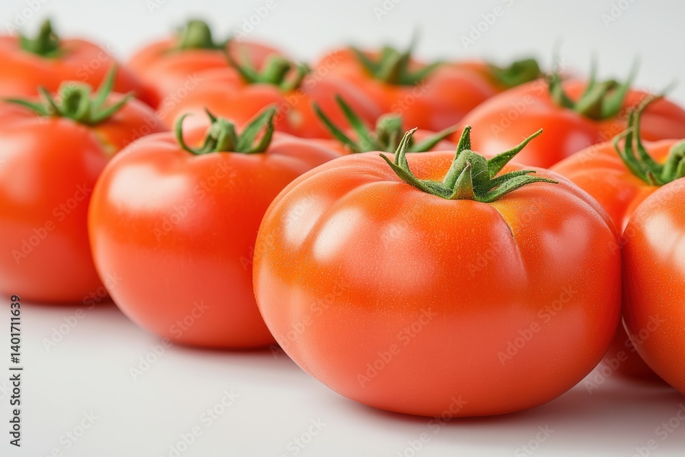 Fresh tomatoes arranged neatly on a white surface, showcasing their vibrant colors. Fresh tomatoes arranged neatly on a white surface, showcasing their vibrant colors.