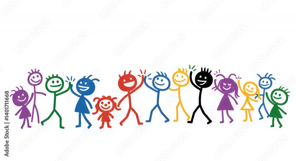 Fototapeta premium Colorful Stick Figures High Five Contest on White Background