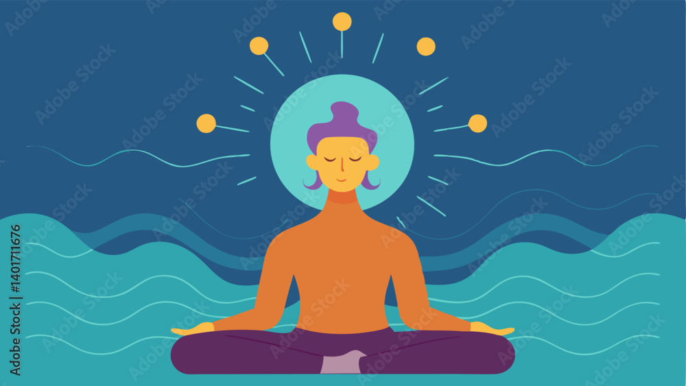 Person Meditating An individual meditating with waves of energy radiating from their head symbolizing mindfulness and its impact on cognitive enhancement. Person Meditating An individual meditating with waves of energy radiating from their head symbolizing mindfulness and its impact on cognitive enhancement.
