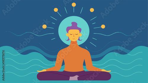 Person Meditating An individual meditating with waves of energy radiating from their head symbolizing mindfulness and its impact on cognitive enhancement.