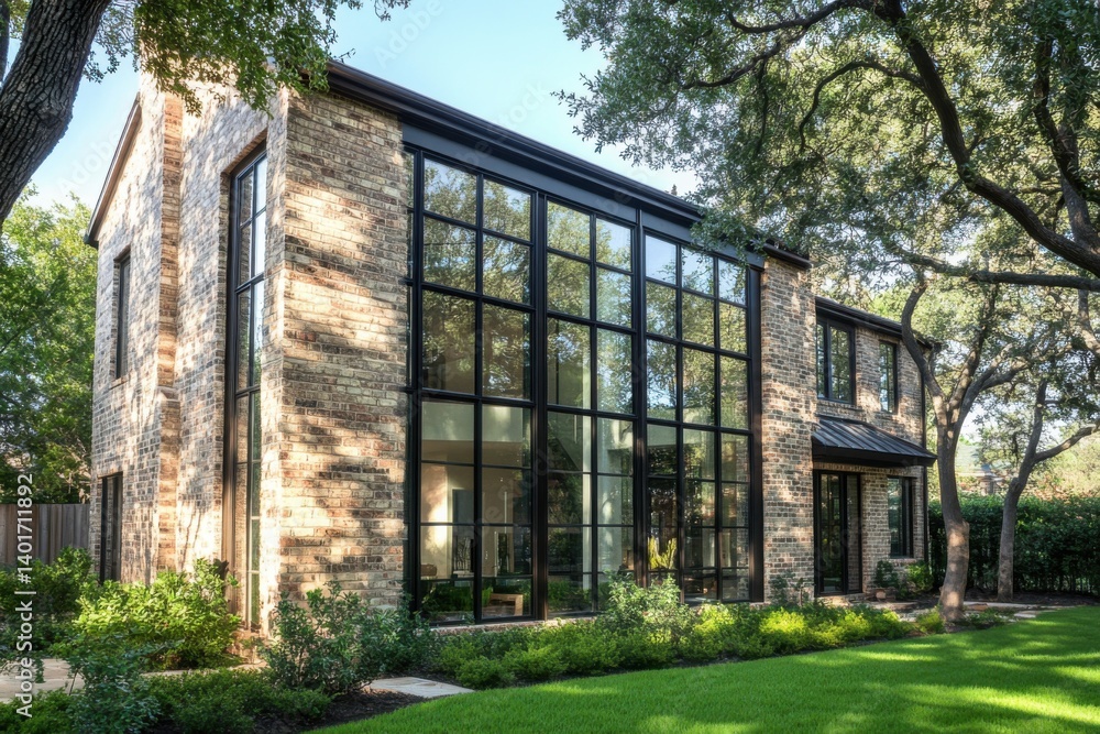 Modern residential building with large glass windows surrounded by lush greenery in a serene neighborhood on a sunny day Modern residential building with large glass windows surrounded by lush greenery in a serene neighborhood on a sunny day