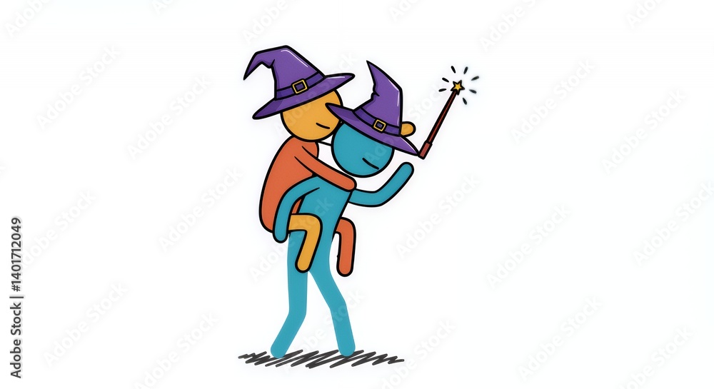 Obraz premium Colorful Stick Figures Piggyback Ride with Wizard Hats and Wands