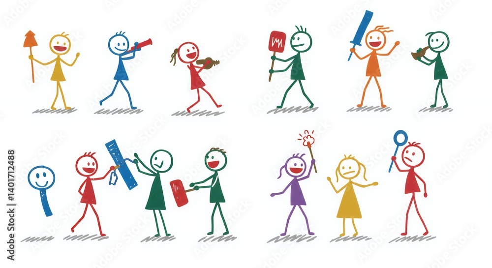Colorful Stick Figures Playing Charades with Props on White Background Colorful Stick Figures Playing Charades with Props on White Background