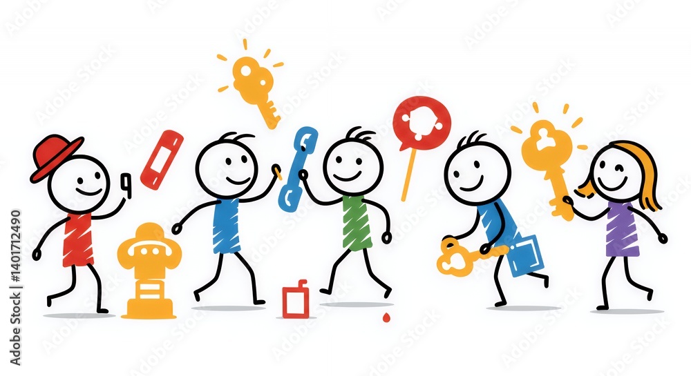 Colorful Stick Figures Playing Charades with Props on White Background Colorful Stick Figures Playing Charades with Props on White Background
