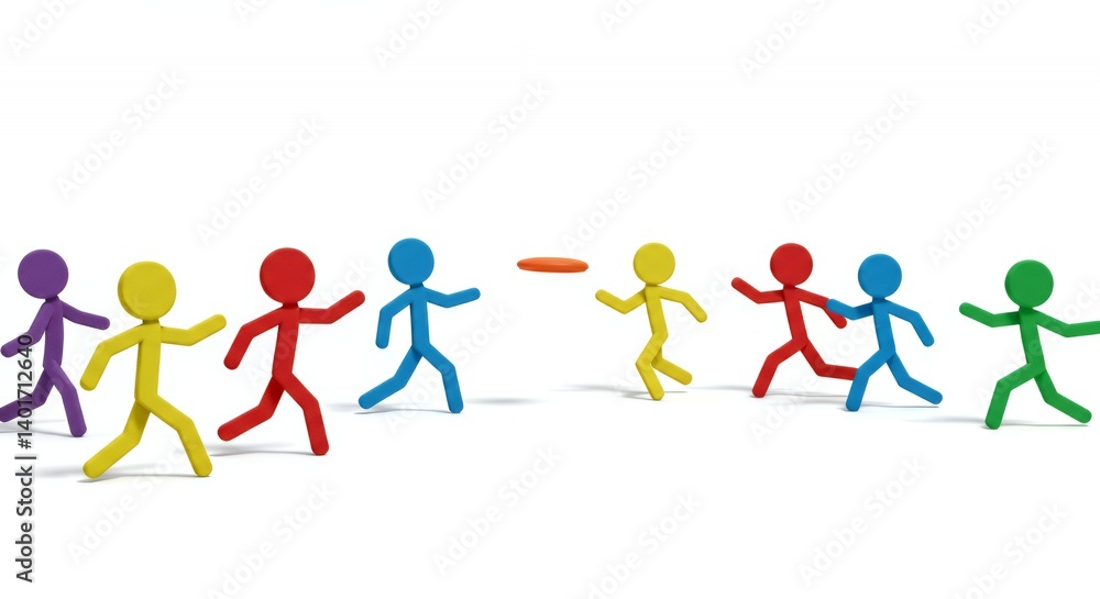 Colorful Stick Figures Playing Frisbee on White Background Colorful Stick Figures Playing Frisbee on White Background