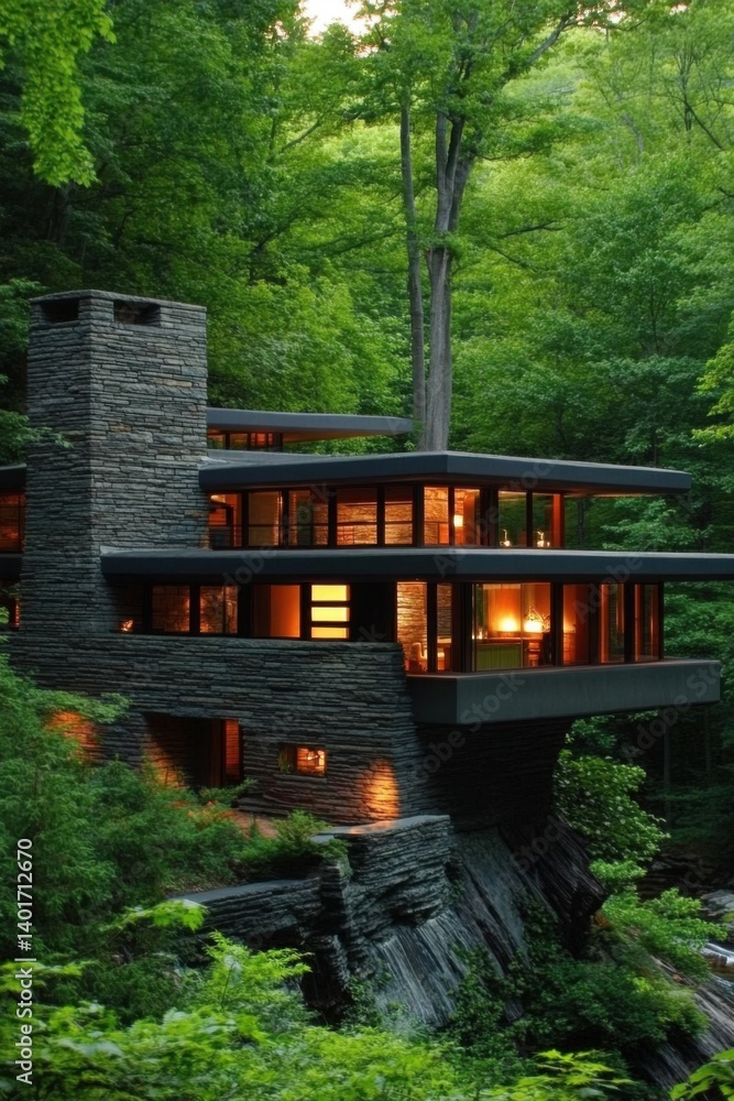 Modern architecture blends seamlessly with nature in a secluded forest setting, showcasing a stone house perched over a rocky ledge during sunset Modern architecture blends seamlessly with nature in a secluded forest setting, showcasing a stone house perched over a rocky ledge during sunset