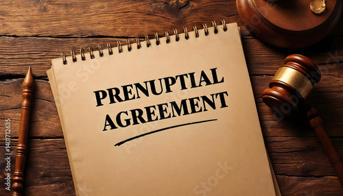 prenuptial agreement, legal document, wooden table, spiral notebook, pen, contract, law, marriage, legal affairs, important paperwork

