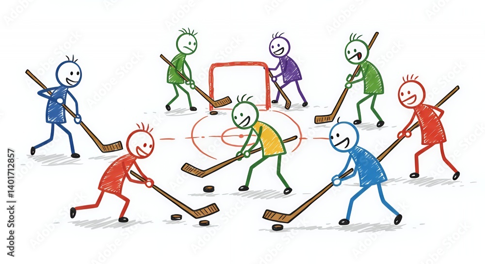 Obraz premium Colorful Stick Figures Playing Hockey on White Background