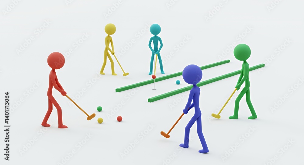Colorful Stick Figures Playing Mini Golf on White Background Colorful Stick Figures Playing Mini Golf on White Background