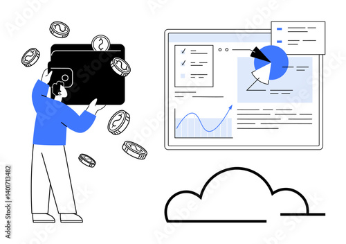 Person holding wallet with coins beside financial chart on screen and cloud symbol. Ideal for finance, technology, analytics, budgeting, investments, fintech, simple landing page