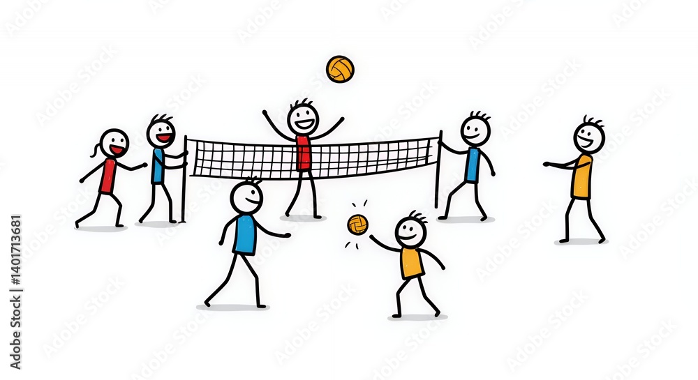 Fototapeta premium Colorful Stick Figures Playing Minivolleyball on White Background