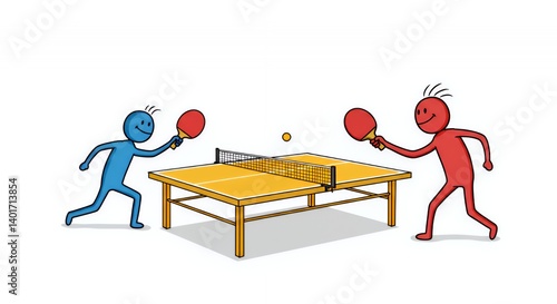 Colorful Stick Figures Playing Ping Pong on White Background