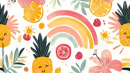 A cheerful, tropical print featuring stylized pineapples, fruits, and flowers.
