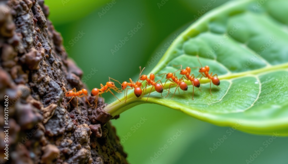 Ants crawling on leaf in rainforest macro photography nature close-up detailed observation Ants crawling on leaf in rainforest macro photography nature close-up detailed observation