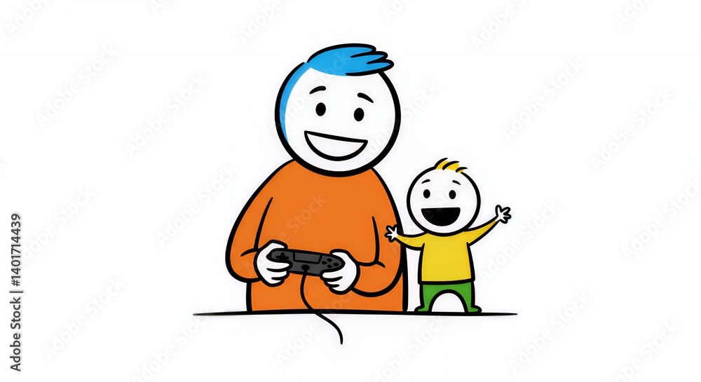 Colourful Stick Figure Dad and Son Playing Video Games Colourful Stick Figure Dad and Son Playing Video Games